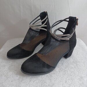 Womens Black Chunky Heel Netted Closed Toe Rhinestone Ankle High Heel Shoes
